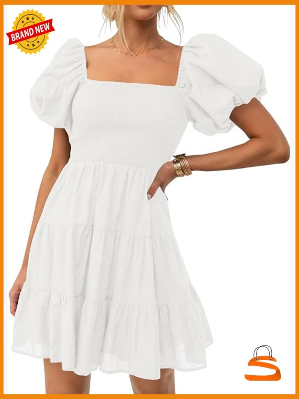 Off Shoulder Smocked Mini Dress Square Neck Puff Sleeve A-Line Short